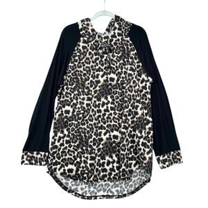 Celeste Leopard Print Black‎ Sleeves Tie Neck Curved Hem Pullover Top 2XL